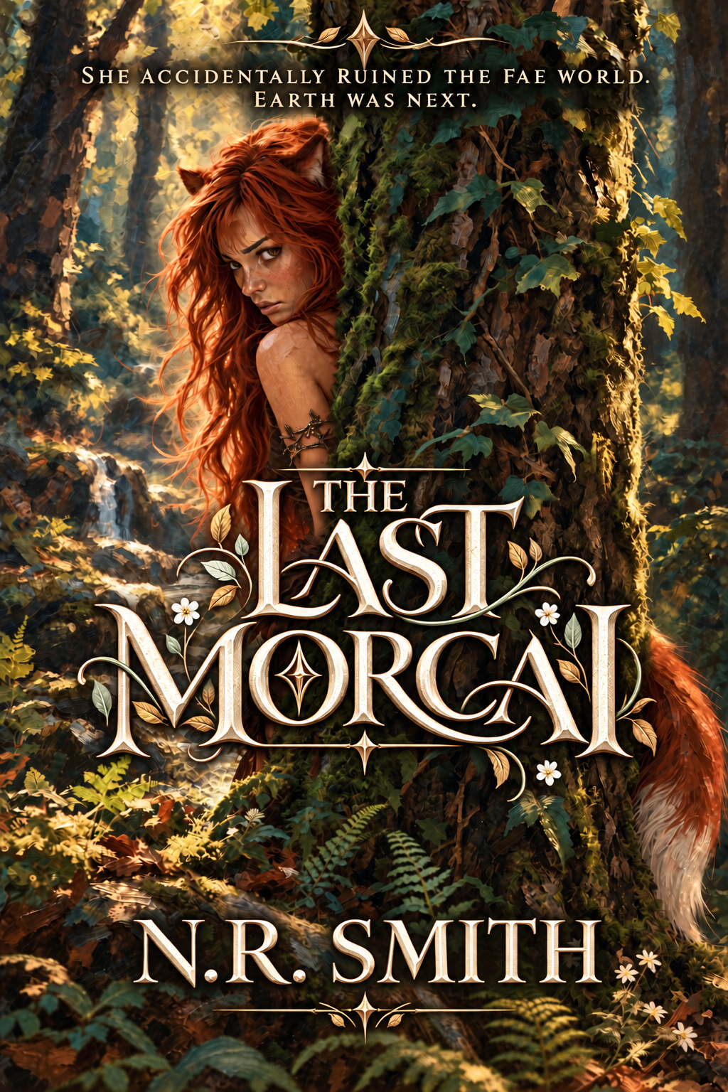 The Last Morcai by N.R. Smith. Copper-haired Alli looks back beside a mossy forest tree.